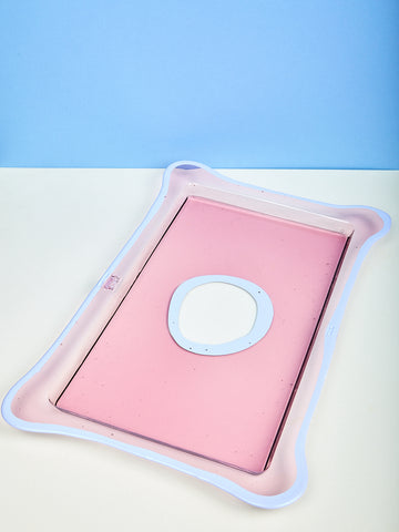A rectangular pink and lavender resin tray.