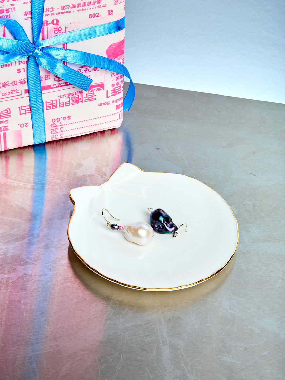 Single Host Earring with Baroque Pearls and Gems