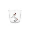 Clear glass with a unicorn figurine on a white background